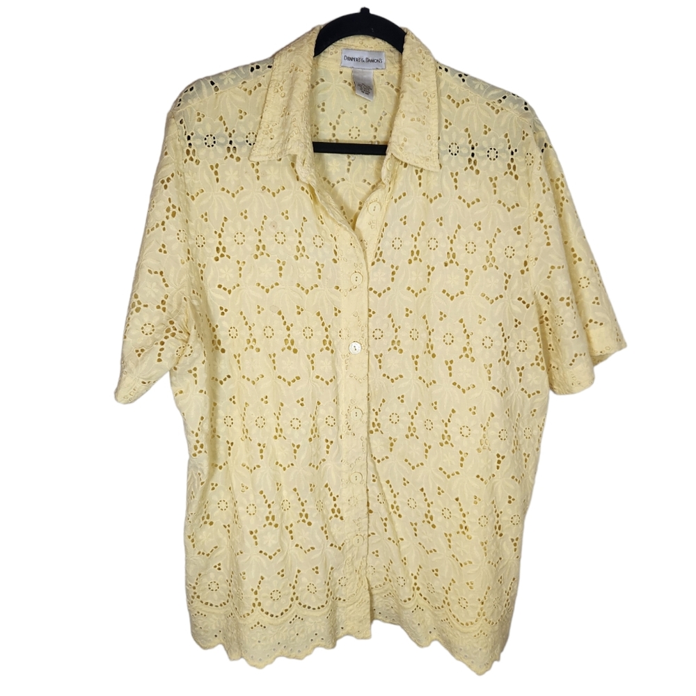 Draper's and Damon's Eyelet Button Up Shirt XL Pastel Yellow 100% Cotton